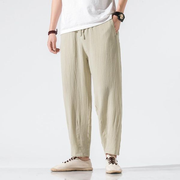 

m-5xl plus size men loose fit wide leg pants plain color japan streetwear summer trousers ankle length vintage men clothing1, Black