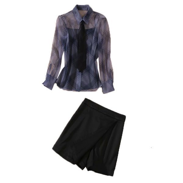 

autumn new plaid printing of long sleeves black shirt base suspenders thin temperaments women's three-piece suit 6u6q, White