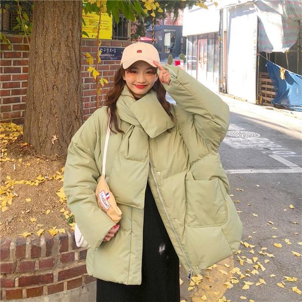 

women cotton coat winter jackets mid-long scarf collar parkas coats oversized loose thicken warm solid color zipper overcoat1, Black