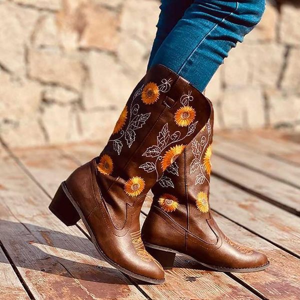 

women's boots mid-calf cowboy boots embroidery western autumn for women vintage female shoes luxury pu leather 35-43, Black