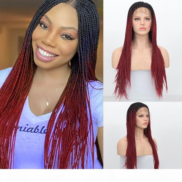 

lace front braided wigs for black women ombre red color glueless heat resistant hair synthetic box braided lace front wig with baby hair