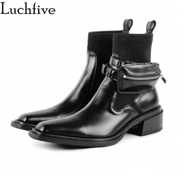 

boots black genuine leather ankle square toe pocket femme chunky heels shoes woman zipper women
