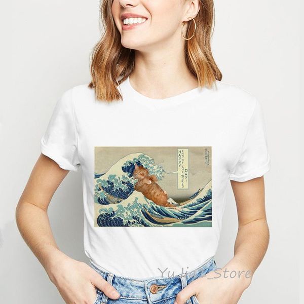 

funny t shirts women clothes 2021 cat love japanese waves aniaml print t-shirt camiseta mujer korean style tshirt femme, White