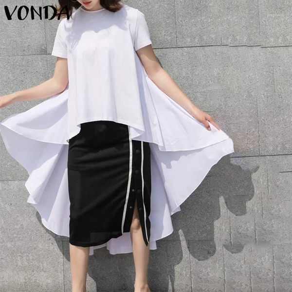 

vonda summer blouses 2020 women casual o neck short sleeve asymmetric shirts plus size solid color bohemian femme blusas1, White