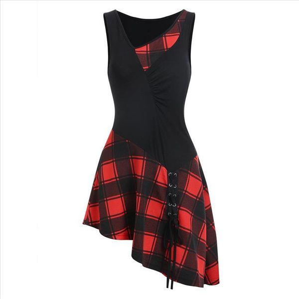 

women mini dress gothic high waist plaid asymmetric casual female fashion elegant goth punk short dress #l35, Black;gray