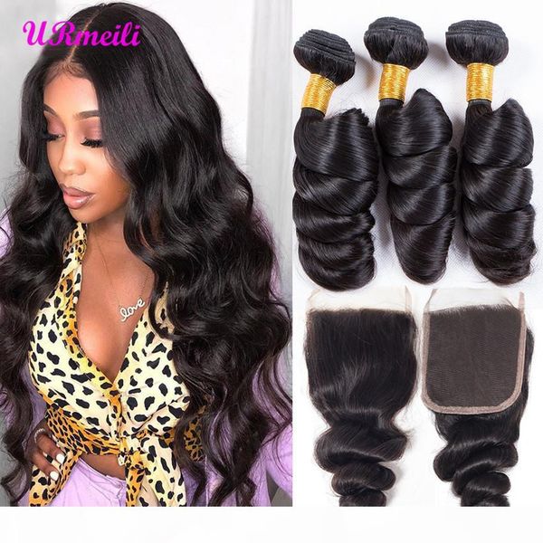 

loose wave bundles with closure brazilian hair weave bundles with closure remy wet and wavy human hair bundles with closure, Black;brown