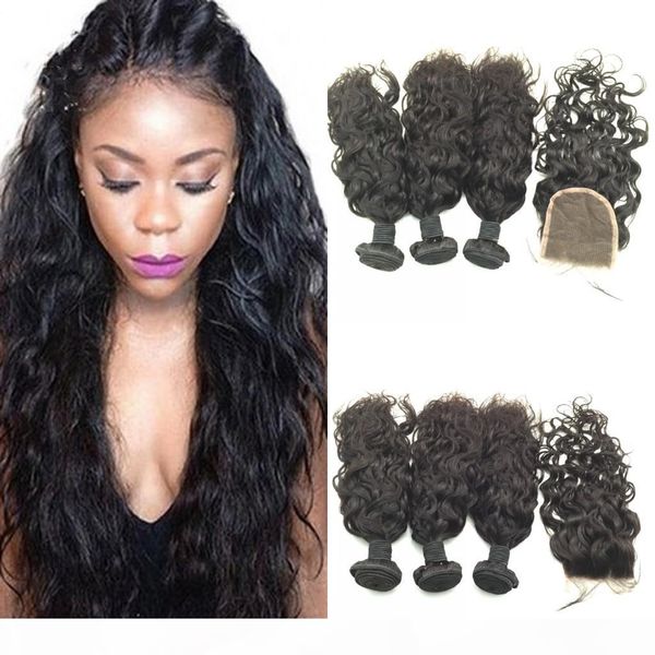 

malaysian water wave with closure virgin maylasian hair with closure 3 bundle deals with closure full hair weave closures, Black