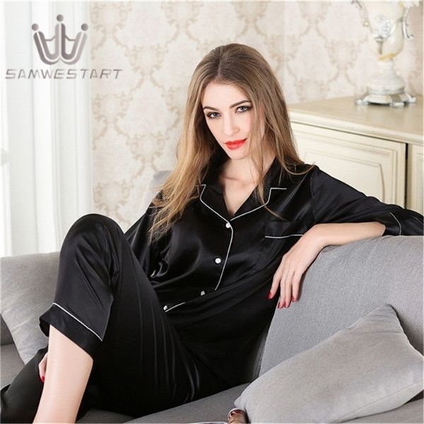 

women silk pajama sets satin pyjama sleepwear long sleeve large size fashion pajamas for girl nightwear suit home new style y200107, Black;red