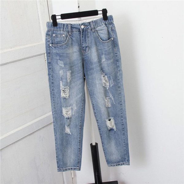 

plus size women hole ripped jeans high waist blue washed vintage denim pants women summer 2019 fashion loose casual harem jeans