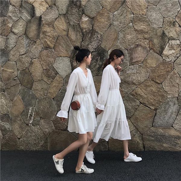 

women white black dress elegant korean janpan kawii cute long sleeve v neck a line ruffle high waist loose casual sundress, Black;gray