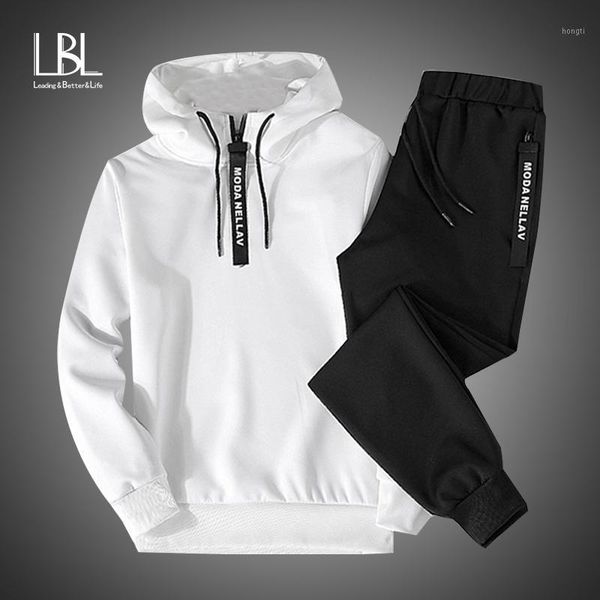 

2019 2pc hoodies men spring autumn fleece liner hooded sweatshirts + sweatpants male brand streetwear solid warm 2 pieces hoody1, Black