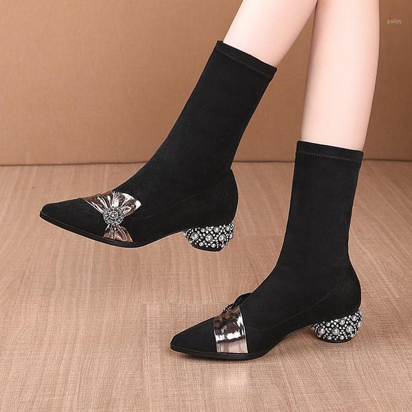 

boots sweet women ankle crystal strange med heels shoes woman 2021 autumn winter est pointed toe wedding boots1, Black