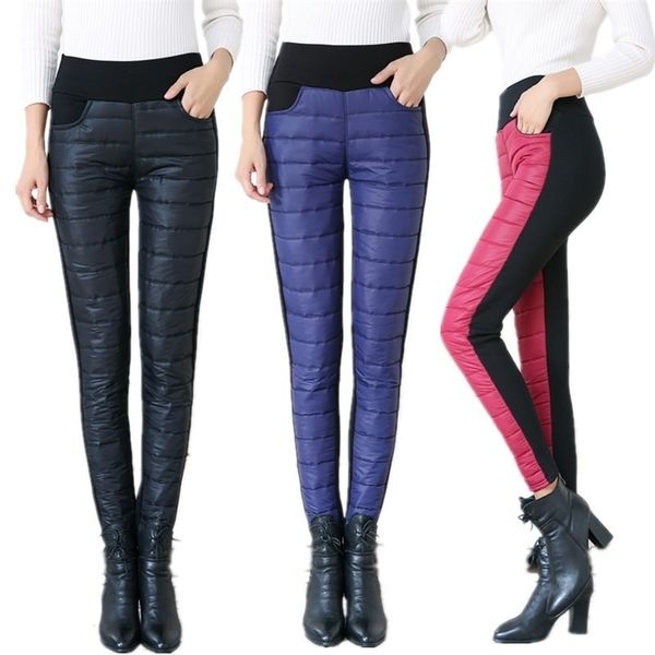 

winter women down pants plus size velvet thickening slim thermal female warm trousers high waist straight cotton pant 201102, Black;white