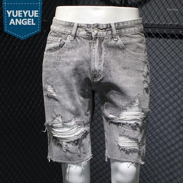 

summer gray distressed knee length trousers mens hole ripped jeans fashion street casual loose fit straight denim shorts male1, Blue