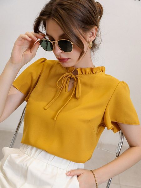 

tie neck puff sleeve blouse x29p#, White
