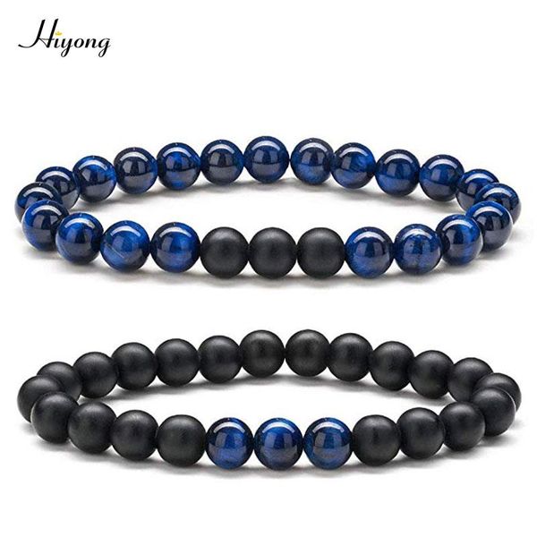 

hiyong 8mm blue tiger eye bracelet for men women black matte natural stone bead braclet set elasticity rope couple bracelets
