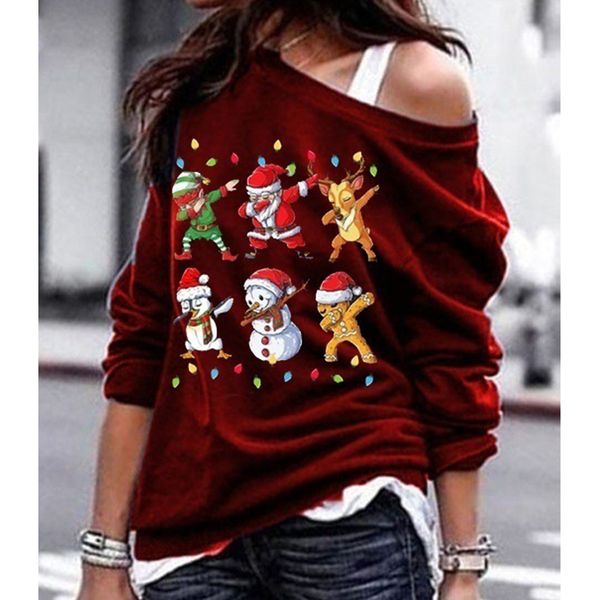 

christmas sweatshirt women 2020 casual printed plus size hoodies women crew neck long sleeve off shoulder women's sweatshirt lj201102, Black
