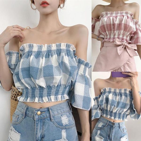 

girl women summer ruffled short puff sleeve off shoulder blouse shirt, White