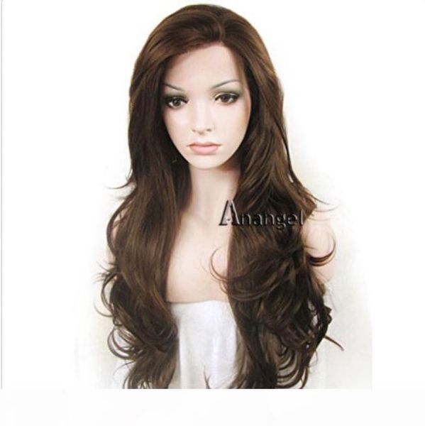 

natural brown synthetic lace front wig body wave heat resistant brazilian hair, Black