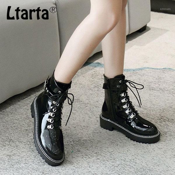 

boots ltarta 2021 black patent leather buckle round toe square heel women's shoes motorcycle high -a-201
