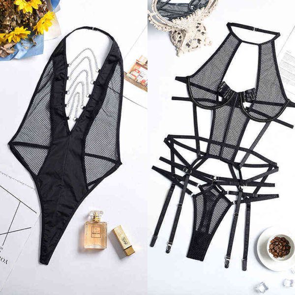 

nxy set mirabelle lingerie deep v porno mesh body see through halter bodysuit women metal chain exotic sets erotic costumes 1223, Red;black