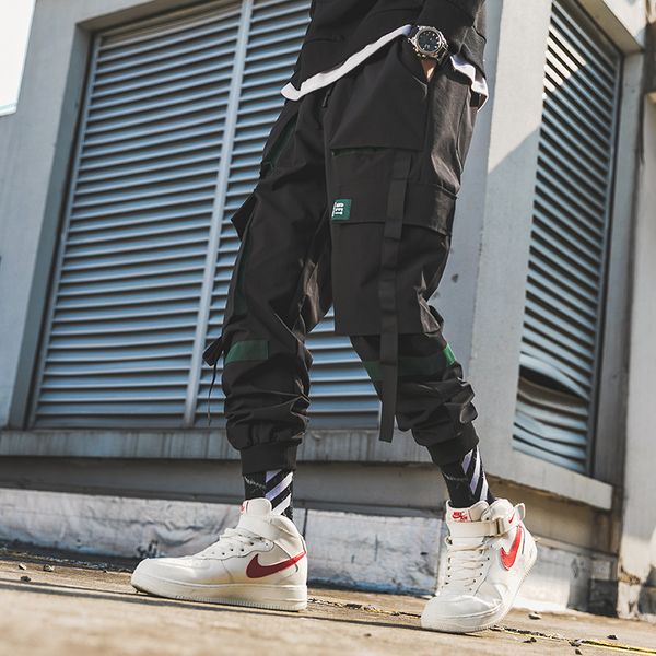 

hip hop men hip hop belt cargo pants 2020 man patchwork overalls japanese streetwear joggers pants men designer harem pants 0930, Black