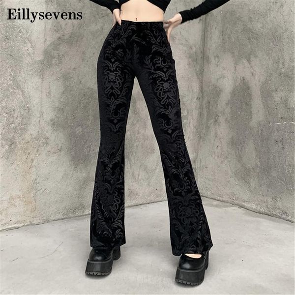 

gothic vintage floral scratched pants woman velvet high waist skinny flare trousers for women autumn winter streetwear 2021#3, Black;white