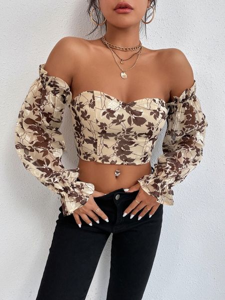 

petite floral print off shoulder flounce sleeve crop blouse z0ea#, White