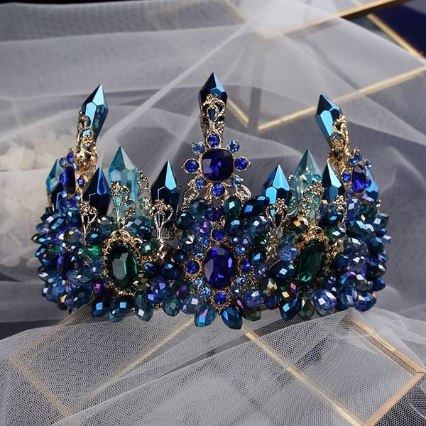 Bavoen Spose Oversize Blu Barocco Royal Crown Copricapo Retro Verde Strass Tiara Fasce per capelli Gioielli per capelli da sposa Y200409
