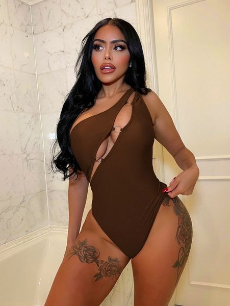 

ring linked one shoulder one piece swimsuit 03xx#, White;black