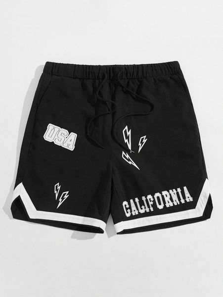 

men letter graphic contrast trim drawstring shorts i1am#, Black
