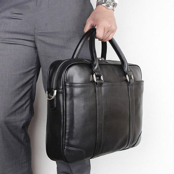 

genuine leather male handbag 15 inch computer bag black men zipper leather briefcase messenger office bags for lap