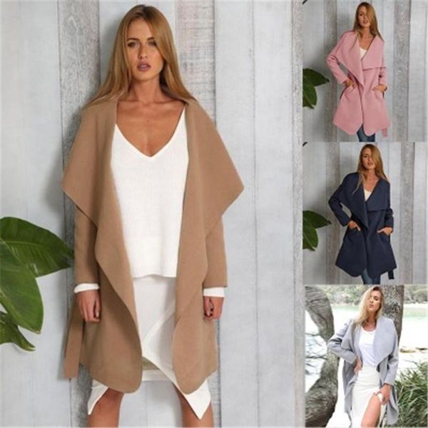 

women coat autumn winter trench outwear long sleeve pea coat lapel open front warm belt long trench overcoat1, Black