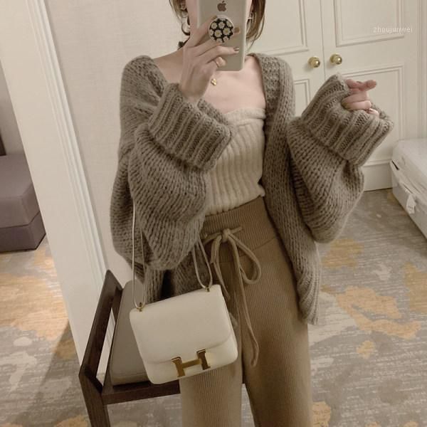 

knitted cardigan lazy mohair thick thread women's sweater coat c medium-length gentle wind sweater autumn1, White
