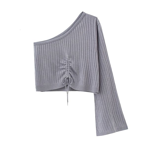 

2021 new mod mesh spring and autumn thin single shoulder slant collar draw trumpet string female sleeve l4yd, White