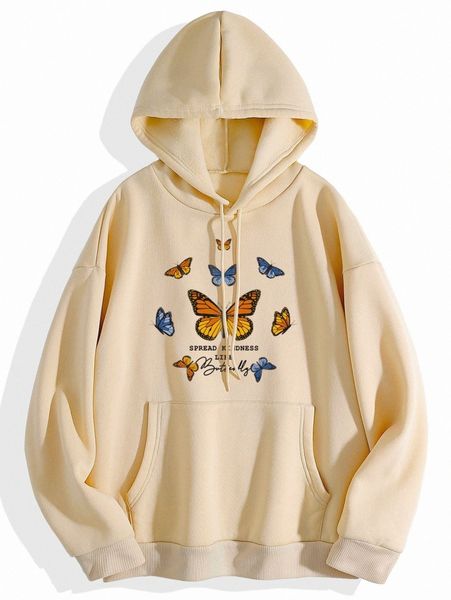 

slogan & butterfly print drawstring thermal lined hoodie r2pp#, White;black