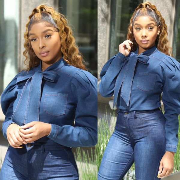 

women's jackets casual lantern sleeve metal buckle denim top, Black;brown