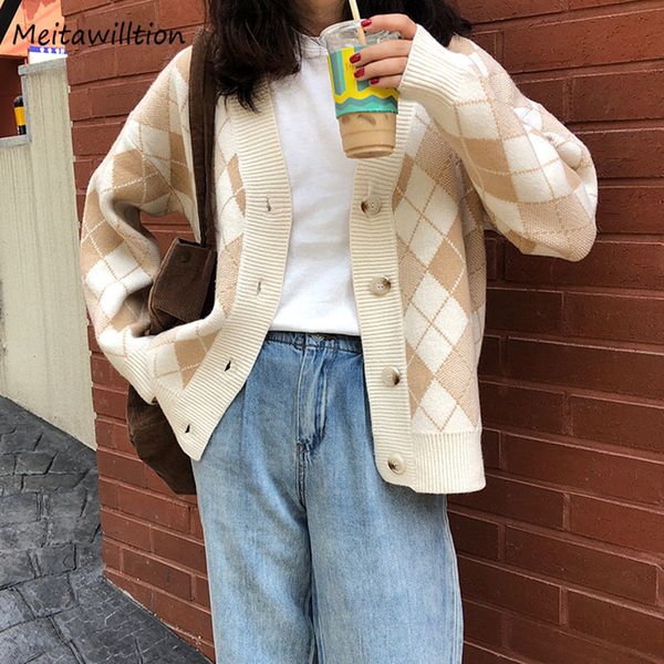 

осень лоскутная трикотажные кардиганы женщин с длинным рукавом теплый свитер 2020 harajuku аргайл плед v-образным вырезом верхняя одежда top, White;black