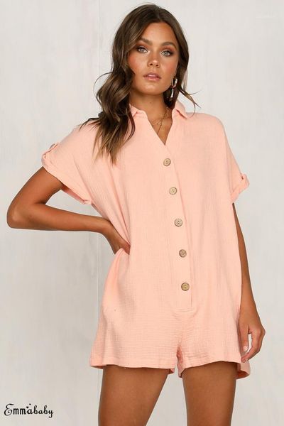 

women's jumpsuits & rompers loose casual playsuit shorts v-neck shirt button beach romper shorts1, Black;white