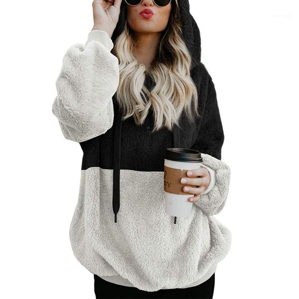 

large size faux fur teddy bear coat patchwork women hoodies winter zipper long sleeve female pullover plus size 5xl sweatshirts1, Black