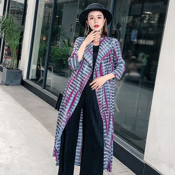 

lanmrem 2020 new autumn lapel hit color stripe mid-length windbreaker women streetwear big size pleated trench coat pe044 1028, Tan;black