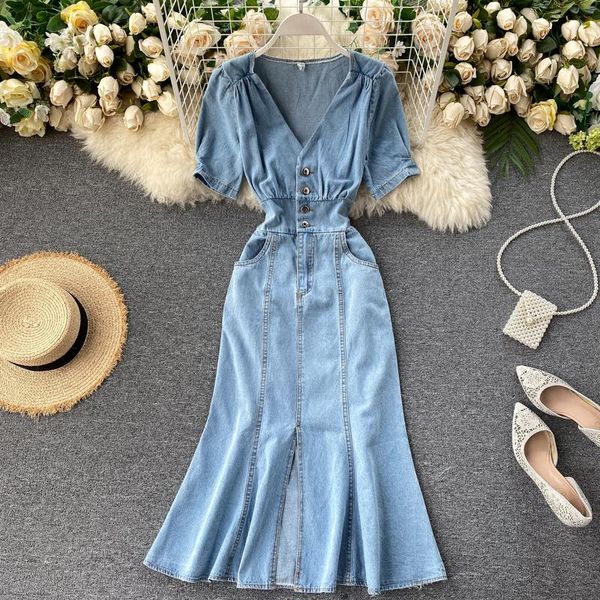 

women summer vintage denim dress solid v neck button split slim long dress korean elegant streetwear bodycon robe, White;black
