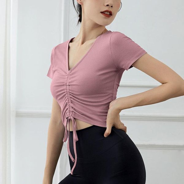 

yoga outfits women slim v-neck shirts drawstring short sleeve sport t-shirt quick dry girl gym fitness running crop tees femme, White;red