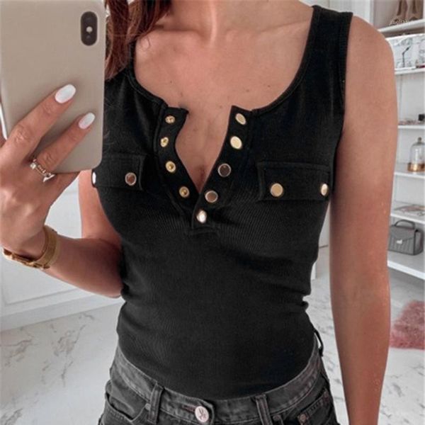 

yoga outfits plus size fashion women button solid summer camis female casual slim fit vest sleeveless cool streetwear club1, White;red