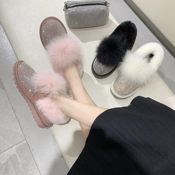 

swonco 40 winter fur shoes women rhinestone snow boots slip on 2020 winter new female warm fur ankle boots plush warm, Black