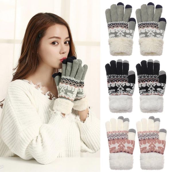 

five fingers gloves winter thick cashmere women knitted warm full finger skiing touch screen mittens fashion snowflake pattern, Blue;gray