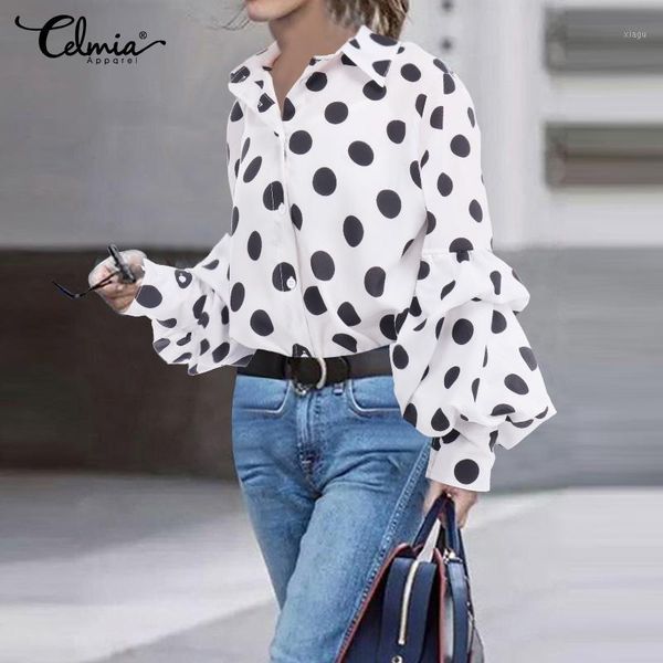 

s-5xl women polka dot and blouses 2020 celmia autumn lantern sleeve casual shirts retro loose buttons female party blusas 71, White