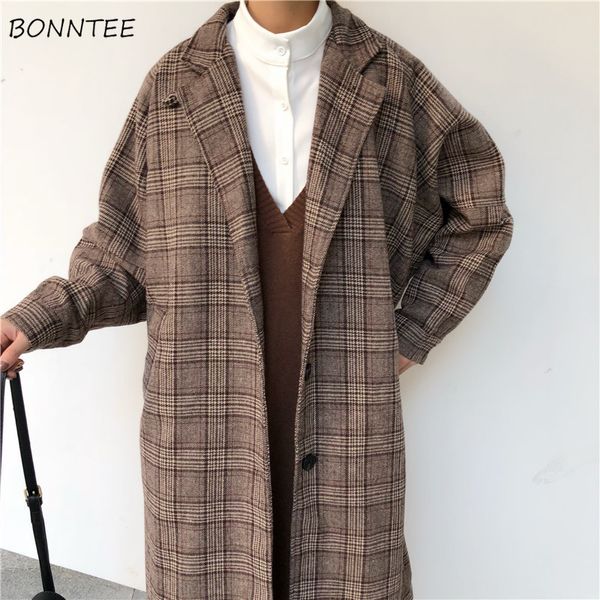 

blends women plaid long coat pockets single breasted simple elegant loose ladies streetwear all-match womens woolen outwear chic lj201110, Black