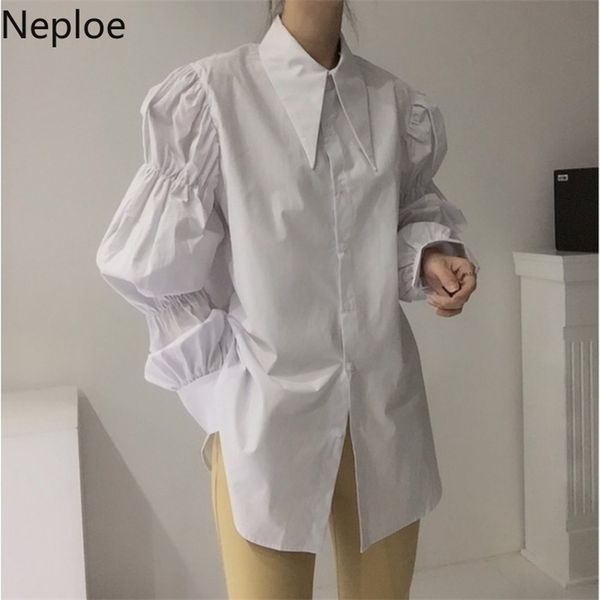 

neploe women blouse chic high street korean vintage turn-down collar loose long blusas mujer puff sleeve white shirt 4h419 220315