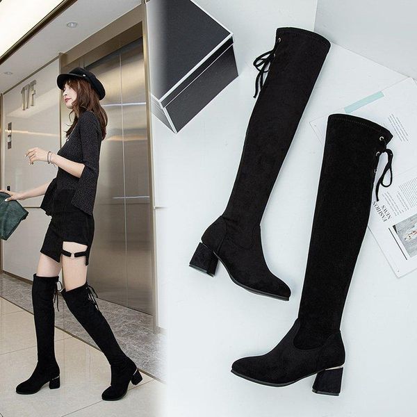 

за-колена сапоги женщины 2020 новая зима высокого баррель упругие сапоги толстые пятки на высоких каблуках женские тонкий моды, Black